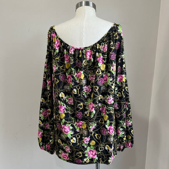 Betsey Johnson Floral Chain Print Blouson Top XL Pink Roses Boho Glam - Picture 2 of 10